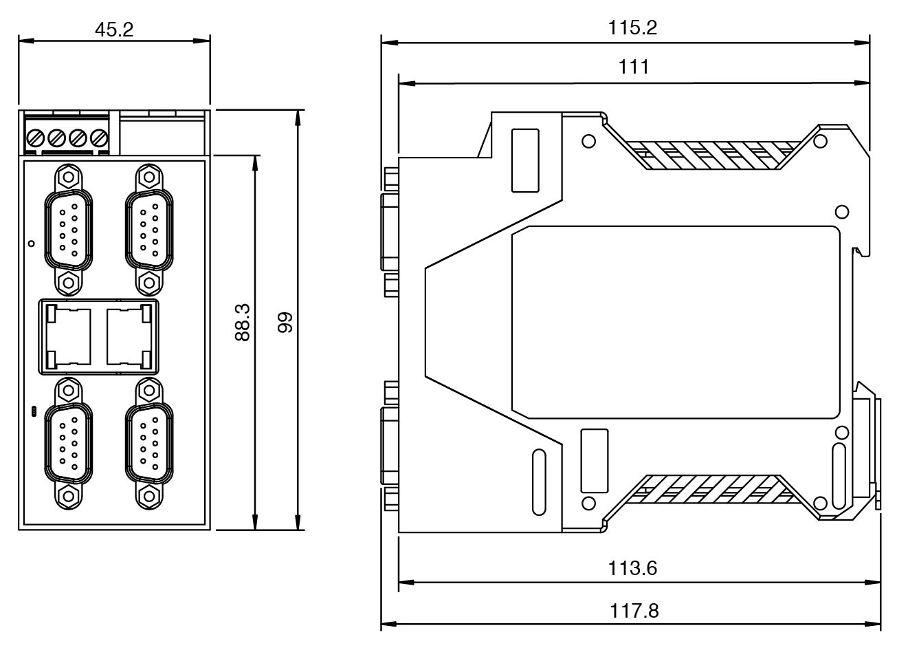 ICDM-RX/MOD-4DB9/2RJ45-DIN wymiary urządzenia