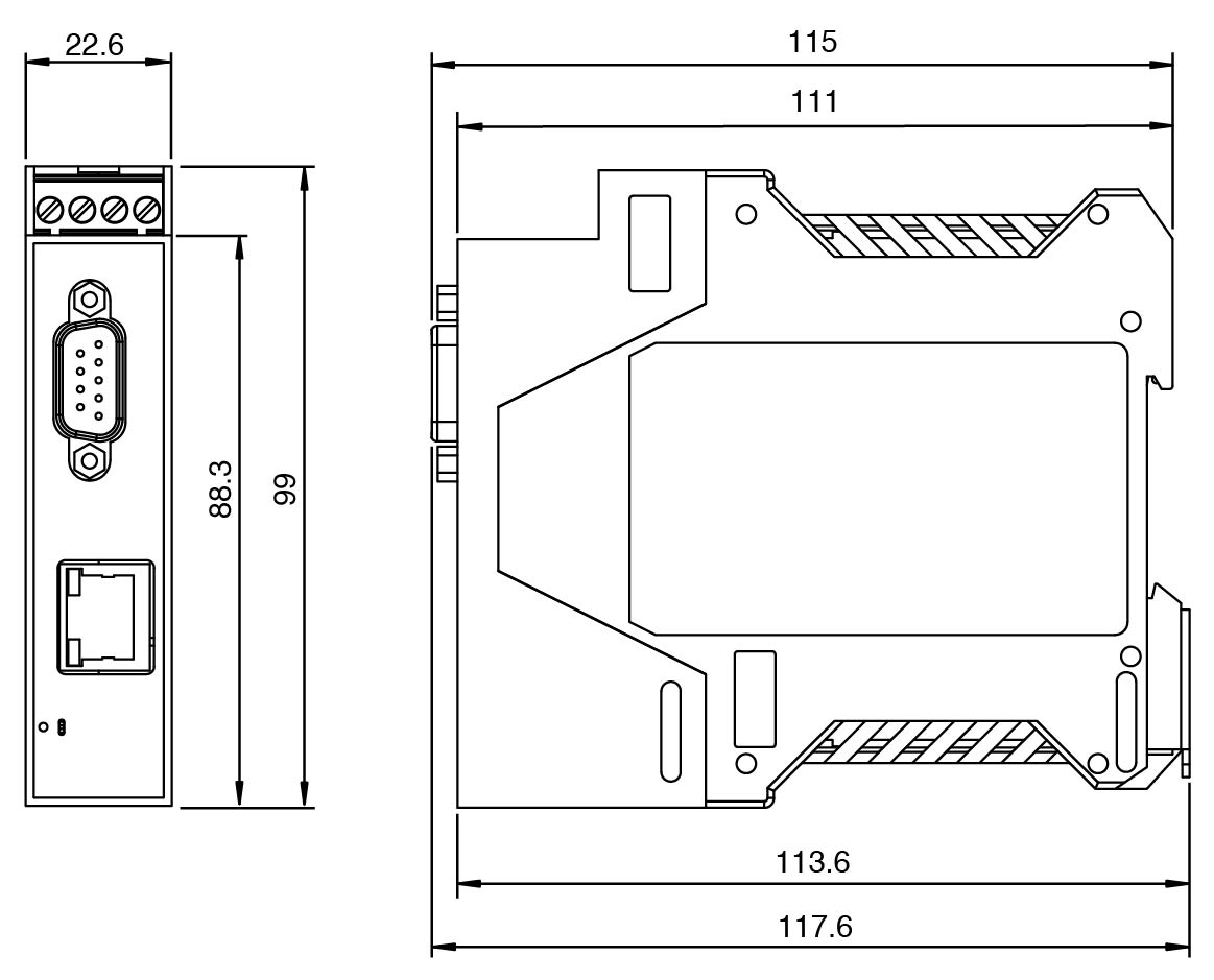 ICDM-RX/MOD-DB9/RJ45-DIN  wymiary urządzenia