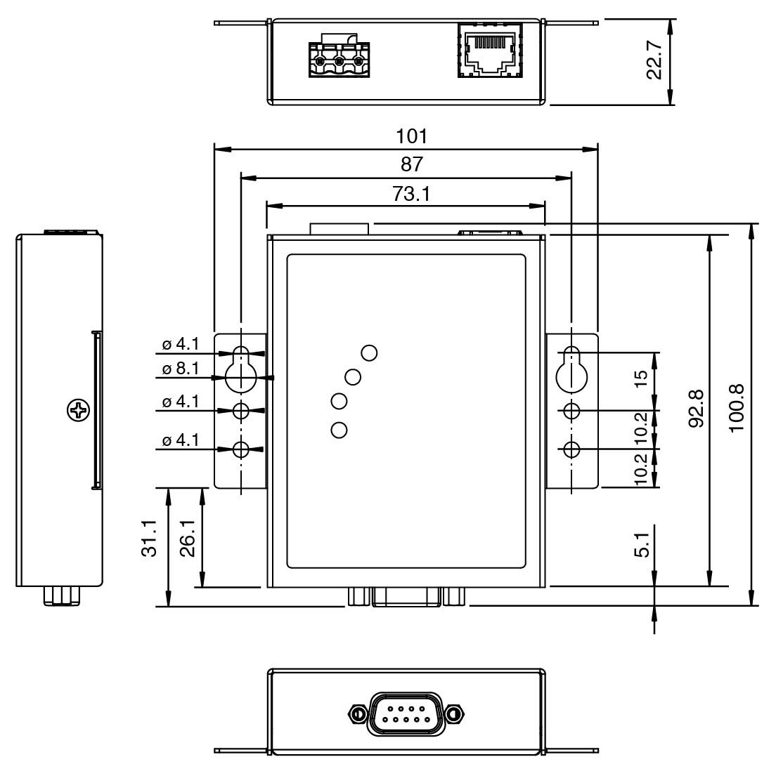 ICDM-RX/MOD-DB9/RJ45-PM wymiary urządzenia