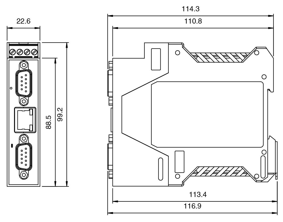 ICDM-RX/PN1-2DB9/RJ45-DIN wymiary urządzenia