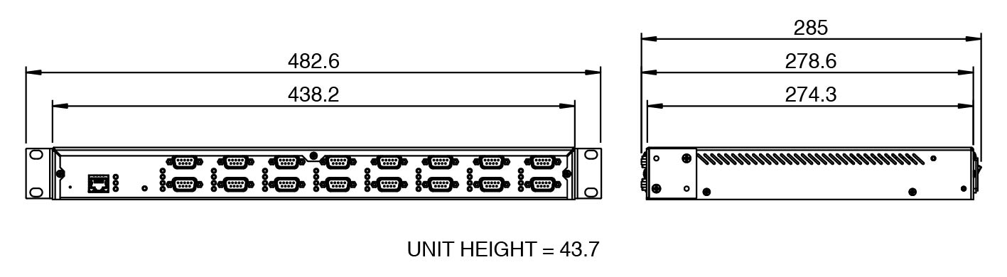 ICDM-RX/TCP-16DB9/RJ45-RM wymiary urządzenia